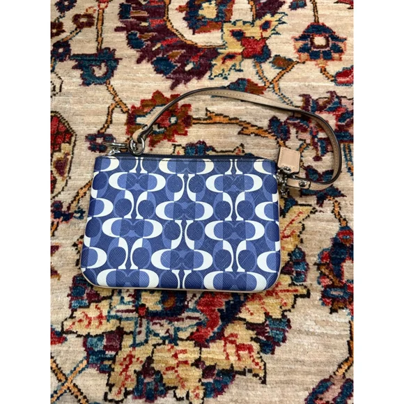 Coach Blue White Signature Op Art Wristlet Clutch Leather Trim - Picture 5 of 9
